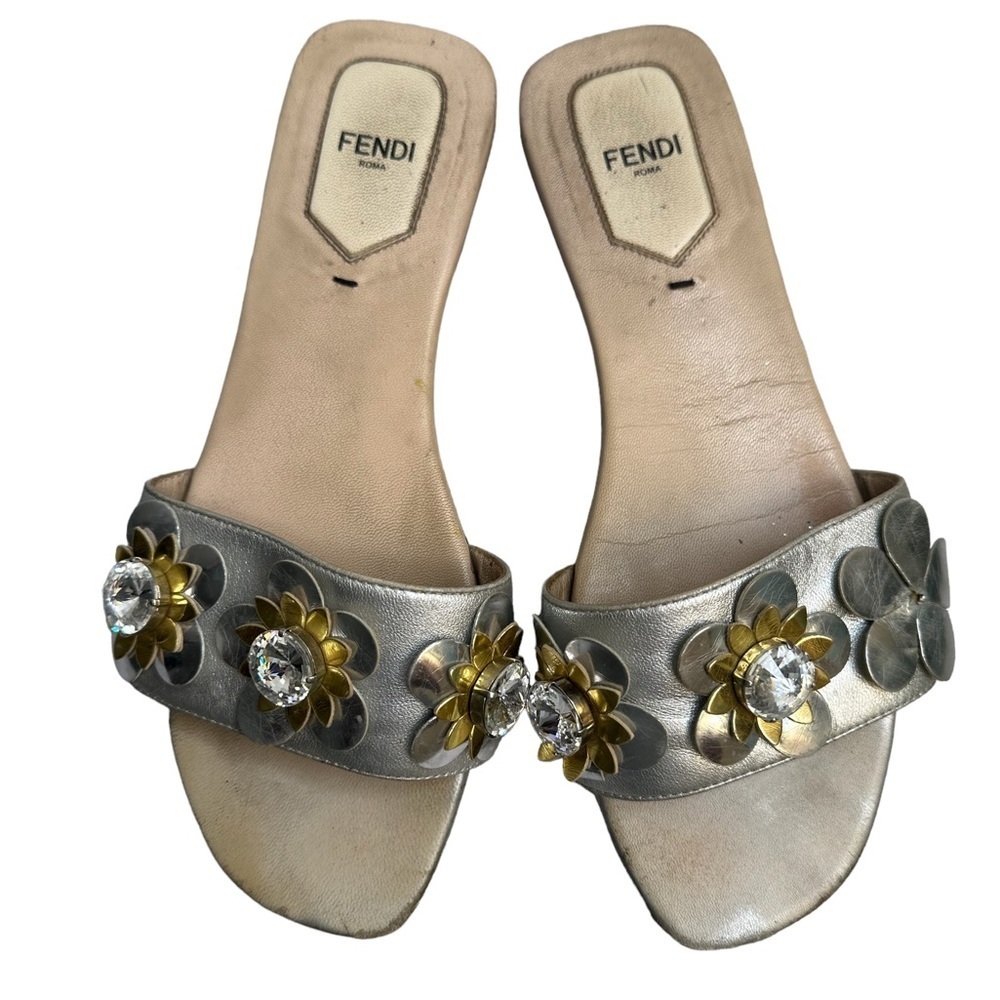 FENDI Flowerland Jeweled Metallic Gold & Silver Leather Sandals size 38